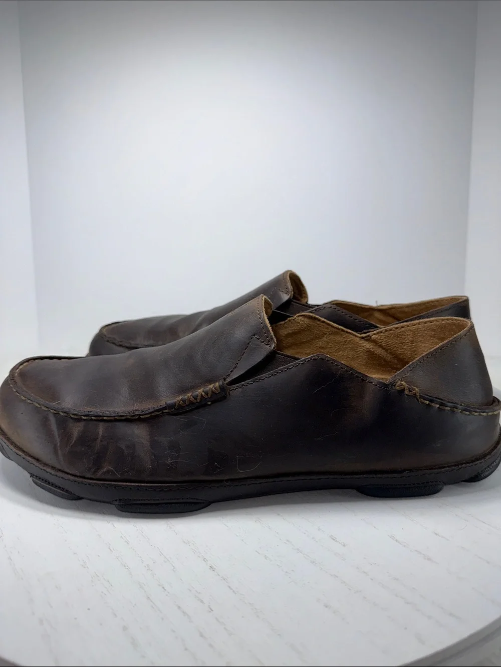 OluKai Men's Chocolate Brown Leather Slip-On Loafers